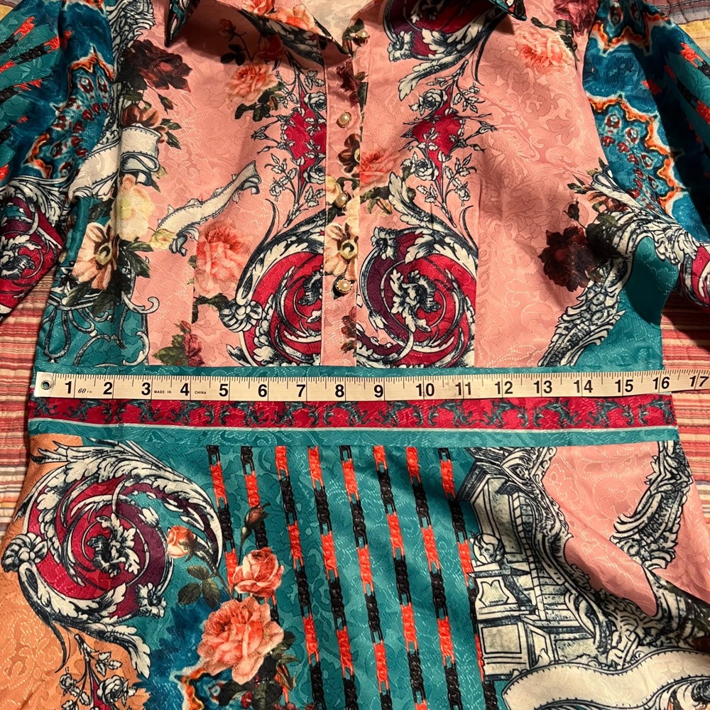RARE Dalia MacPhee Floral Print Mini Shirt Dress Long Sleeve Pink Green Women's - Picture 8 of 10